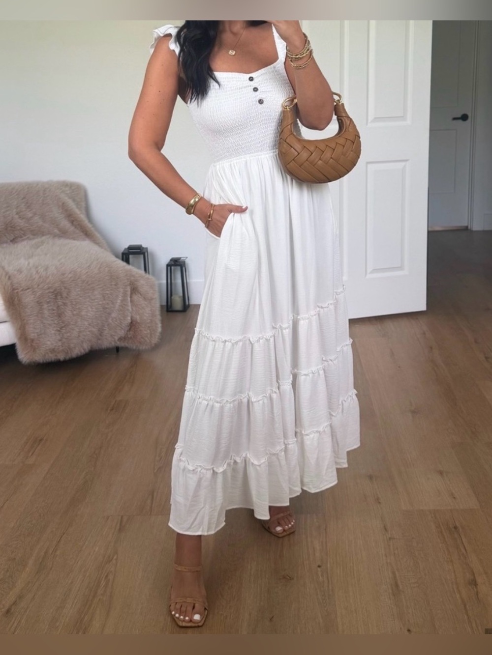 White Ruffle Maxi Dress with Button Detail